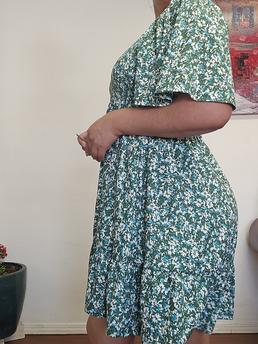 UEAL Green Floral Short Sleeve V Neck Flutter With Pockets Spring Summer Dress - Picture 3 of 8